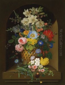 A Large Bouquet Of Flowers In A Basket With Butterflies by Anton Fidler
