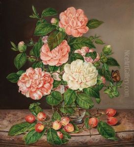 Rosenstuck In Vase Mit Kirschenzweigen
