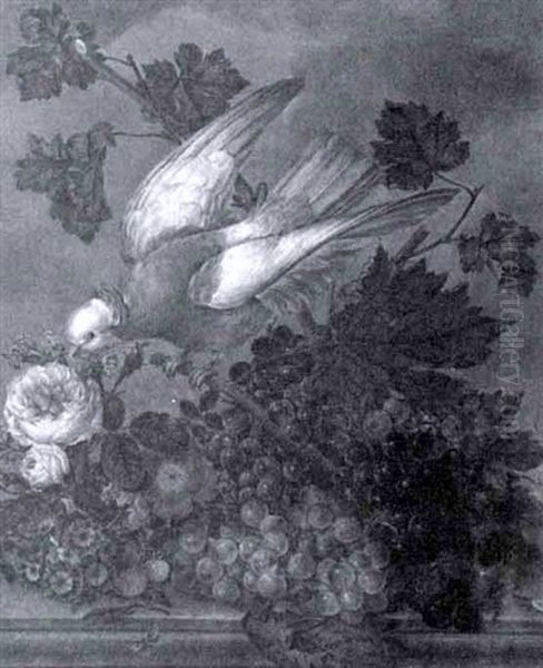 A Bird With Flowers And Fruit On A Ledge - view 1