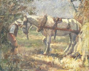 A Farmhand And Carthorse Beside A Hayrick
