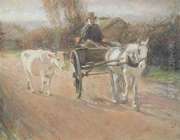 Horse And Trap With Driver Leading A Cow Along A Track - view 1