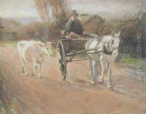 Horse And Trap With Driver Leading A Cow Along A Track