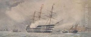 A Warship And Other Vessels In Portsmouth Harbour by William Edward Atkins