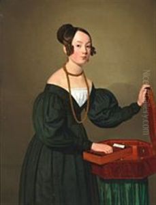 Portrait Of A Lady Standing By A Needlework Casket Portrait Of A Lady Standing By A Needlework Casket