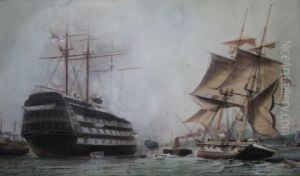 Hms Victory And Other Vessels At Portsmouth by William Edward Atkins