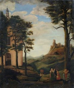 Prozessionszug Mit Burg Im Hintergrund / Bohmische Landschaft (2 Works) by Julius Fiebiger