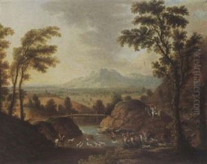 A Hilly River Landscape  With A Stag Hunt