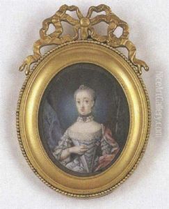 Princesse De Hesse-darmstadt En Robe De Soie Ivoire, Rubans Bleus Et Cape Rouge, Vue Dans Un Paysage