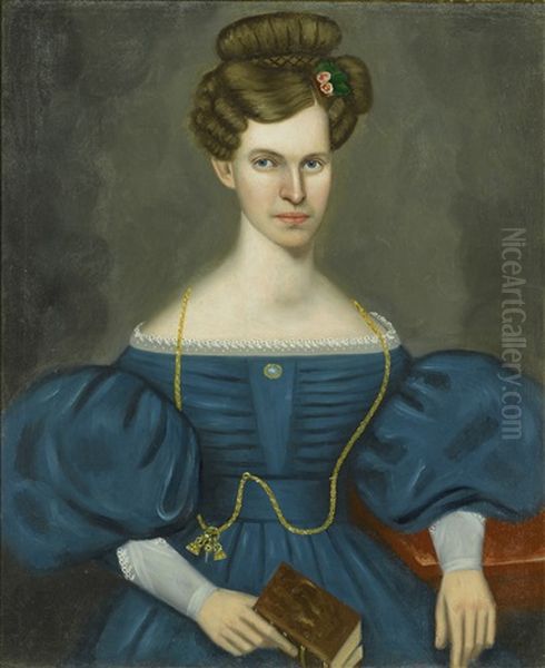 Portrait Of A Young Woman In A Blue Dress And Wearing A Gold Pocket Watch Chain - view 1
