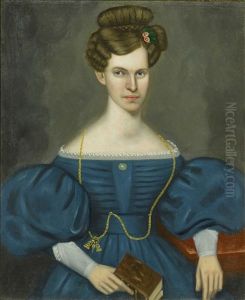 Portrait Of A Young Woman In A Blue Dress And Wearing A Gold Pocket Watch Chain