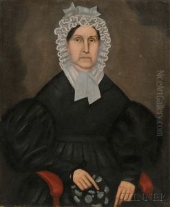 Portrait Of A Woman Wearing A Lacy Bonnet And Holding A Flowered Purse by Erastus Salisbury Field