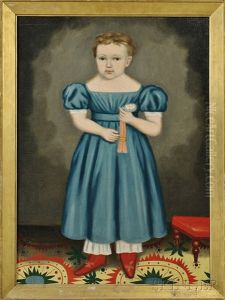Portrait Of A Blond-haired Child Wearing A Blue Dress Holding A Watch, Standing On A Patterned Carpet