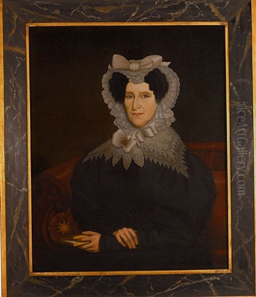 Portrait Of A Lady Wearing A Ribbon Tied Lace Bonnet, A Lace Square Collar With Gold Moon Shaped Brooch And A Black Gown, Seated On A Sofa With Both Hands Crossed In Her Lap - view 1
