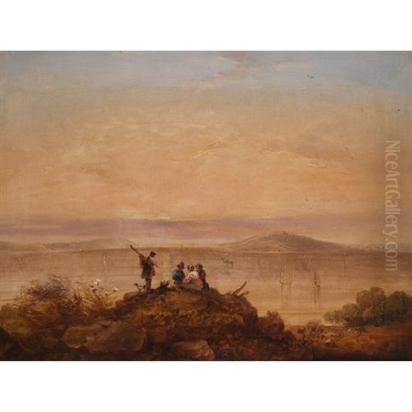 A Family On A Clifftop, Looking Across Plymouth Sound To Mount Edgecumbe - view 1