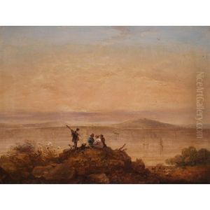 A Family On A Clifftop, Looking Across Plymouth Sound To Mount Edgecumbe