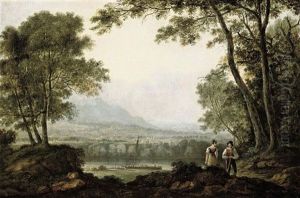 Two Figures In A Landscape, Overlooking A River With A Town And Mountains Beyond