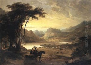 Mountainous Lake Landscape With Couple And Horse Cart