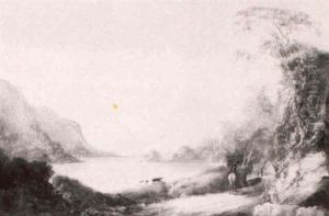 Figures On A Track With A Lake Landscape Beyond