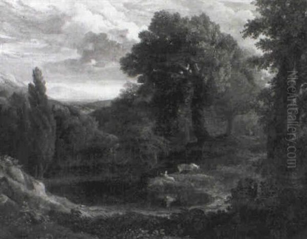 A Wooded Landscape With A Lady And Her Horse Resting By A Pool, A Waterfall And Mountains Beyond - view 1