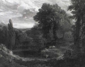 A Wooded Landscape With A Lady And Her Horse Resting By A Pool, A Waterfall And Mountains Beyond by Copley Fielding