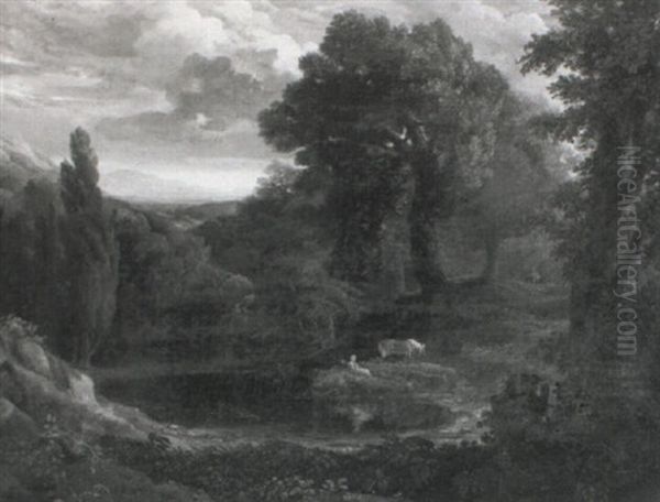 A Wooded Landscape, With A Lady And Her Horse Resting Beside A Pool, A Waterfall And Mountains Beyond - view 1