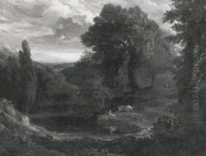 A Wooded Landscape, With A Lady And Her Horse Resting Beside A Pool, A Waterfall And Mountains Beyond by Copley Fielding