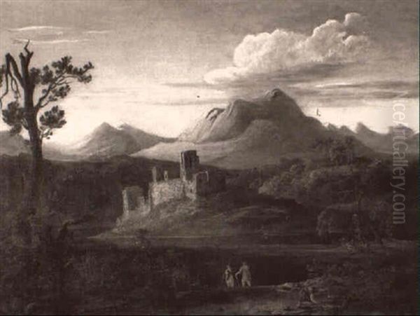 Mount Snowdon With Castle Ruins And Figures In The Foreground - view 1