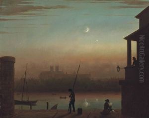 View Of Westminster From Accross The River Thames At Dusk, With Figures In The Foreground