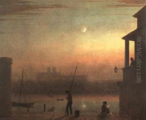 The Thames By Moonlight, With Westminster Abbey And The Old Houses Of Parliament From Lambeth by Thales Fielding