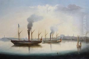 Crowded Paddlesteamers Lying At Anchor In Aharbour