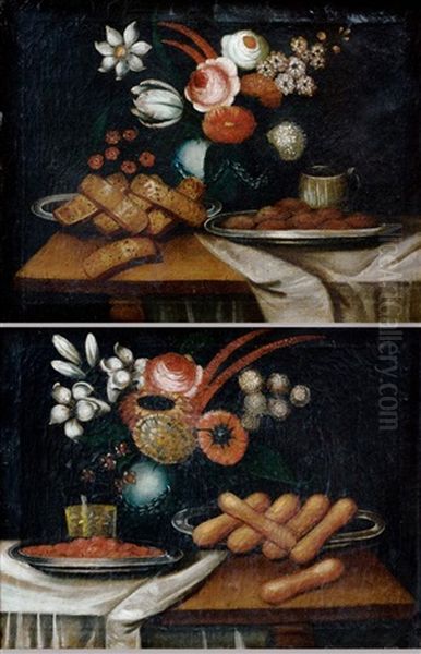 Natures Mortes Aux Biscuits Et Au Bouquet De Fleurs (pair) - view 1