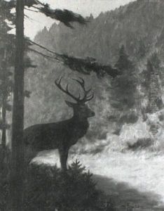 Hirsch, Am Rande Einer Sonnenuberfluteten Lichtung Stehend by Otto Fikentscher