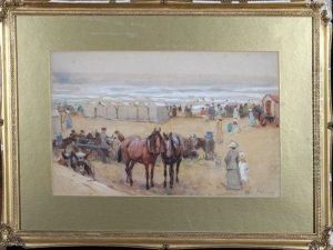 Horses And Donkeys On A Beach With A Bathing Machine And Tents At The Shore by John Atkinson