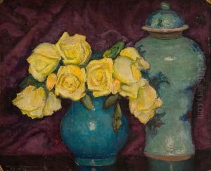 Yellow Roses Against A Violet Curtain Yellow Roses Against A Violet Curtain