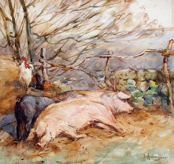 Farmyard Scene With Pigs And Chickens - view 1