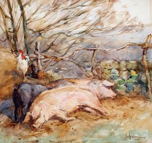 Farmyard Scene With Pigs And Chickens by John Atkinson