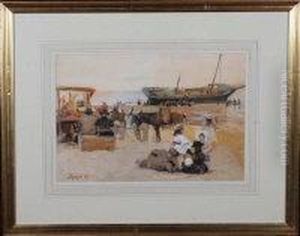 Seaside Donkeys Tethered Near A Bucket-and-spade Stall With Abeached Sailing Ship Nearby by John Atkinson