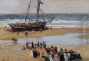 Holiday Makers And Donkeys On A Beach With A Brigantine At The Tideline by John Atkinson