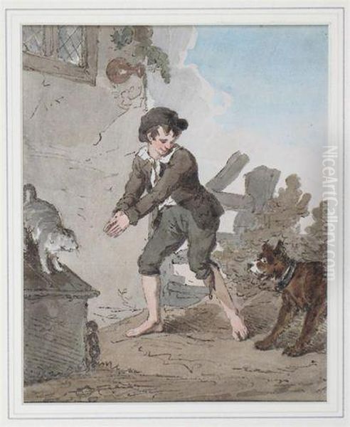 Boy Playing With A Dog And Cat - view 1