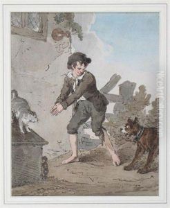 Boy Playing With A Dog And Cat by John Augustus Atkinson