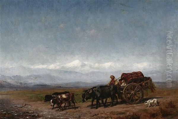 Bauer Mit Seinem Ochsenkarren In Weiter Kaukasischer Landschaft - view 1