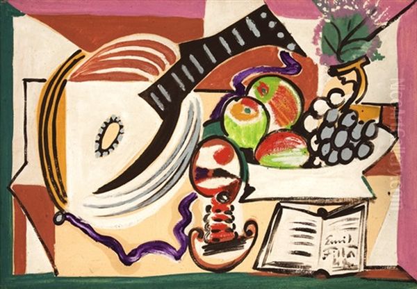 Still Life With Mandolin, Cup, Fruits And Book - view 1