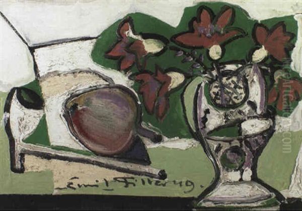 Stilleben Mit Blumenvase, Pfeife Und Frucht - view 1