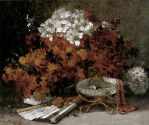 Blumenstilleben Mit Aufsatzschale, Korallenkette Und Schmuck, Facher Und Blutenstrauschen by Benoit Fillatreau