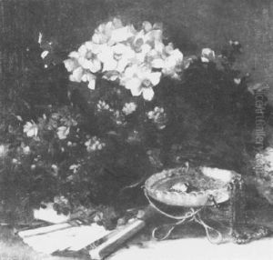 Still Life With Flowers, Fan And Coral Necklace by Benoit Fillatreau