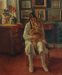 Interior With A Girl Sitting With A Smaller Child On Her Lap by Ludvig Find