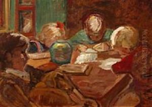 Interior With Reading Children Around The Table by Ludvig Find