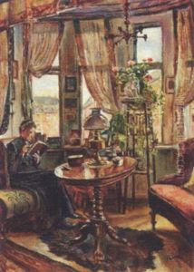 Stueinterior Med Laesende Kvinde by Ludvig Find