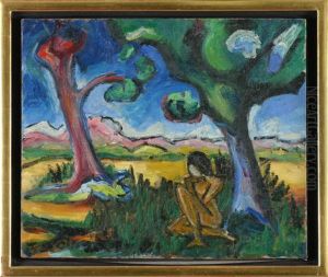 Landschaft Mit Weiblichem Akt, Unter Baumen Sitzend by Michel Fingesten