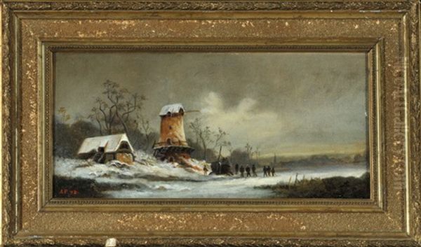 Winterlandschaft Mit Windmuhle Und Personen Auf Dem Eis - view 1